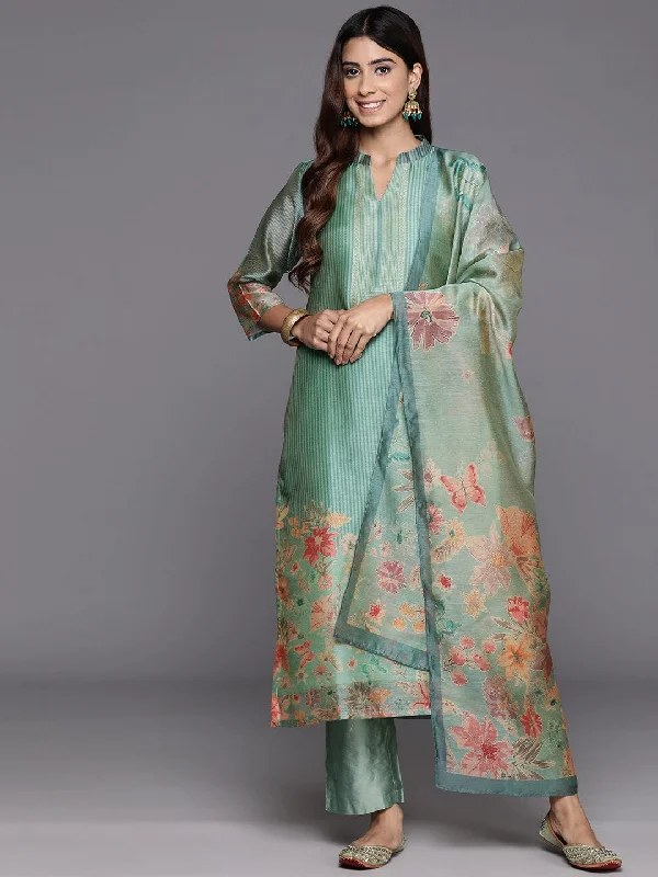 Varanga Women Striped Floral Printed Mandarin Collar Straight Kurta Paired With Bottom Dupatta