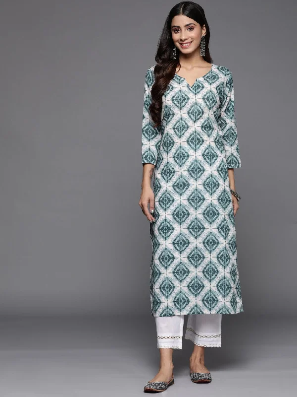 Varanga Women Teal And White Geometrical Print Kurta