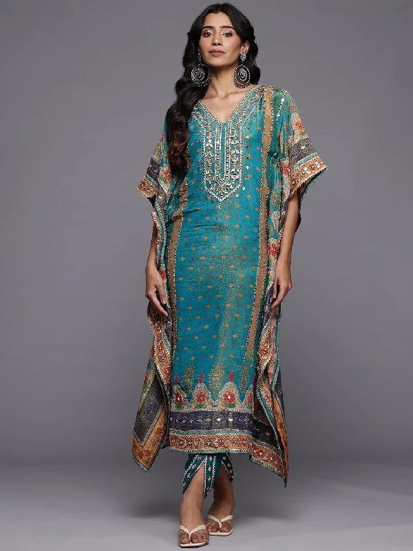 Varanga Women Teal Blue Pure Silk Gotta And Mirror Work Kaftan With Tulip Pants