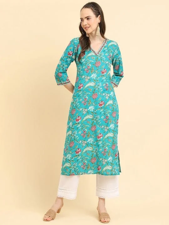 Varanga Women Turqouise Blue Floral Printed Straight Kurta With Three Quarter Sleeves