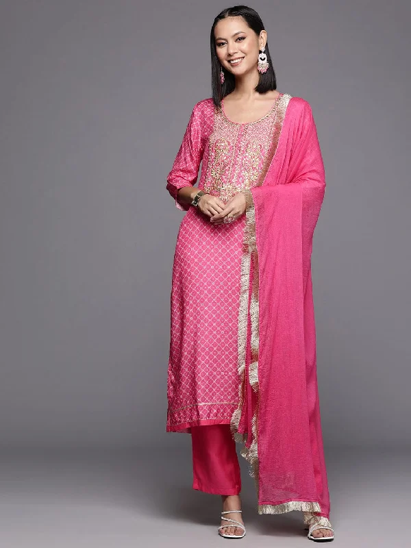 Varanga Women Women Pink Bandhani Printed Straight Kurta With Bottom And Dupatta