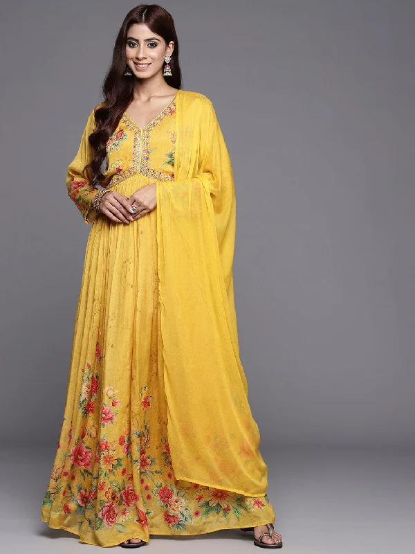 Varanga Women Yellow Floral Printed Pure Silk Chinon Embroidered V-Neck Aliya Cut Kurta Paired With Tonal Dupatta