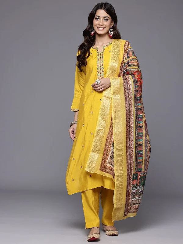 Varanga Women Yellow Round Neck   Placement Embroidered Kurta Paired With Tonal Bottom & Printed Dupatta