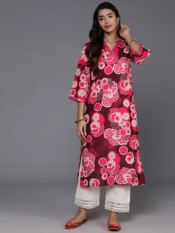 Varanga WomenRed Floral Printed Sequine Embroidered V-Neck Straight Kurta