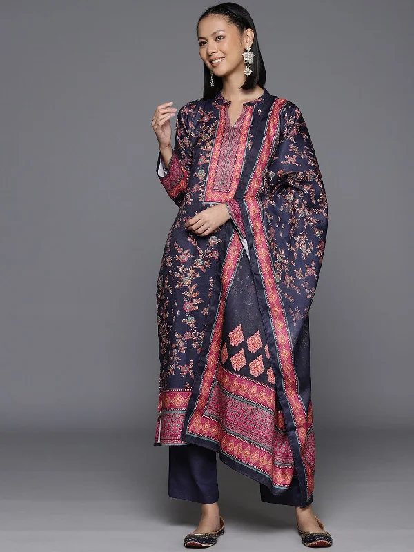 Varanga Womenwomen Navy Blue Woolen Floral Printed Straight Kurta With Solid Bottom And Dupatta