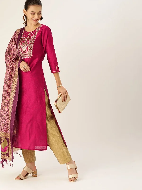 Women Magenta & Beige Embroidered Straight Kurta