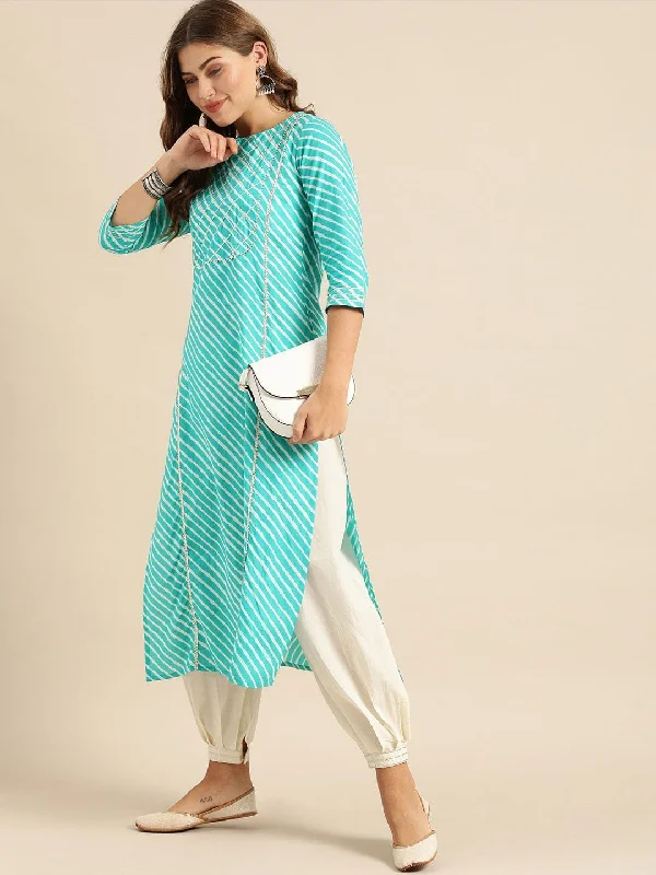 Turquoise Blue & White Leheriya Printed Paneled Kurta