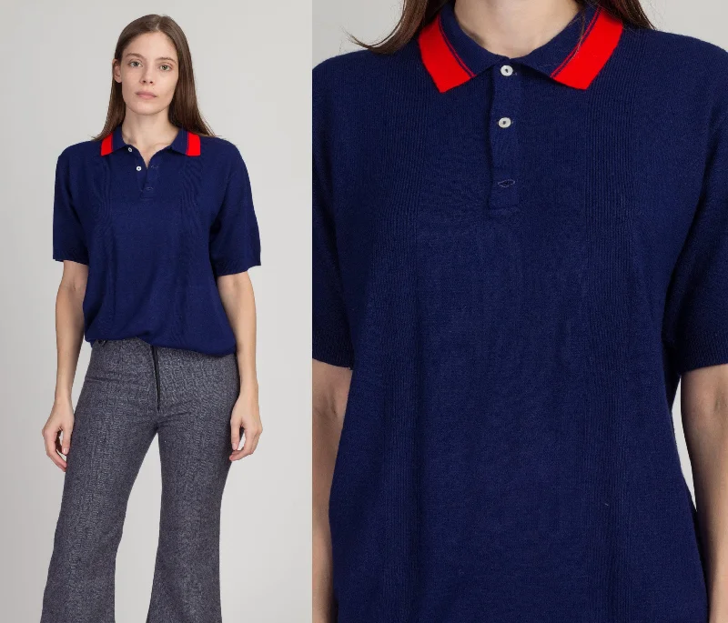 70s Navy Blue Collared Knit Polo Top - Men's Medium