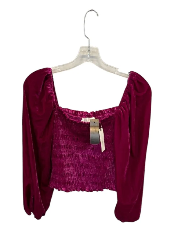 Anthropologie Size S Magenta Viscose Blend Velvet Ruched Square Neck Top