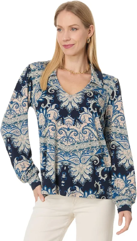 Johnny Was Women's The Janie Favorite Puff Sleeve Polo, Roman Paisey Scarf Print Top