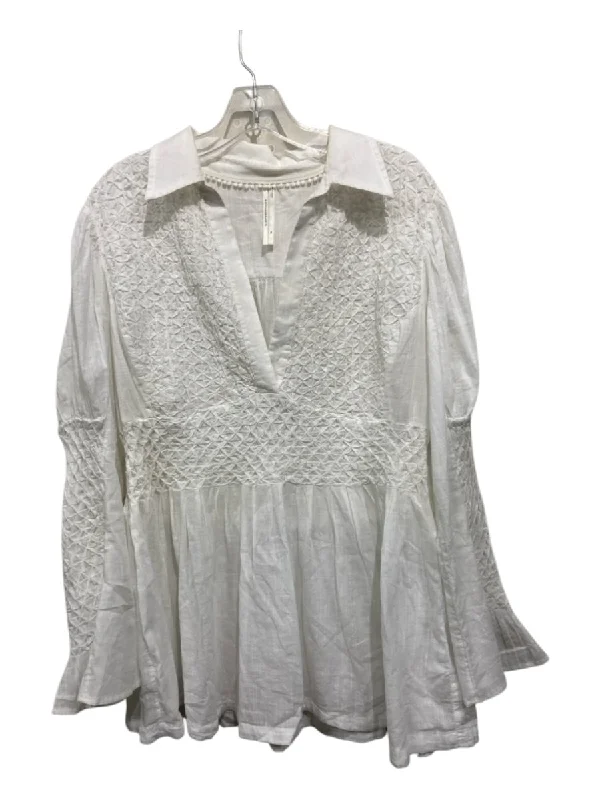 By Anthropologie Size XL White Cotton Collar V Neck Ruched Peplum Top