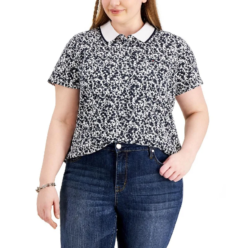 Plus Womens Floral Cotton Polo Top