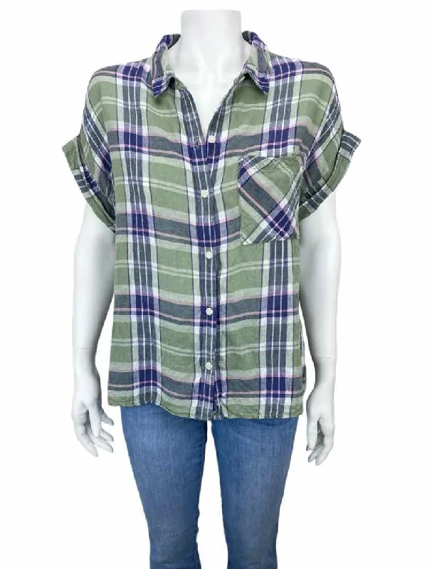 Anthropologie Sanctuary Women's Plaid Linen Gauze Shirt Sage/Multi Size L