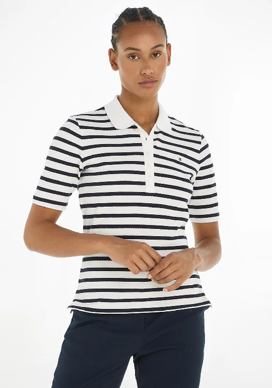 Tommy Hilfiger Womens 1985 Striped Polo Shirt, Breton Ecru & Desert Sky