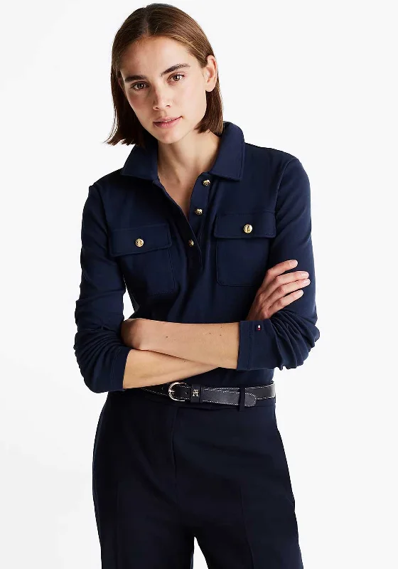 Tommy Hilfiger Womens Gold Button Long Sleeve Polo Top, Navy