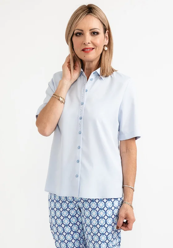 ERFO Short Sleeve Embroidered Placket Blouse, Light Blue