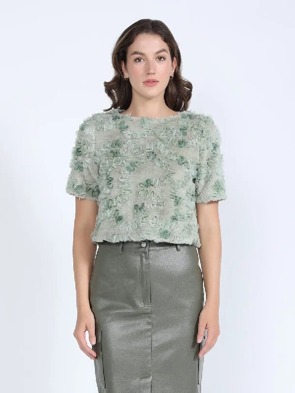 Floral Embellished Fur Short Sleeve Cropped Top