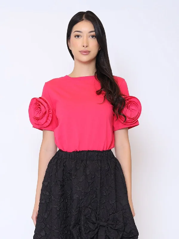 Flower Detail Short Sleeves Solid Top