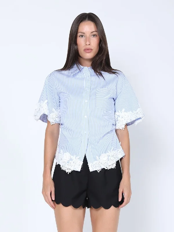 Lace Trim Short Sleeve Stripped Shirt