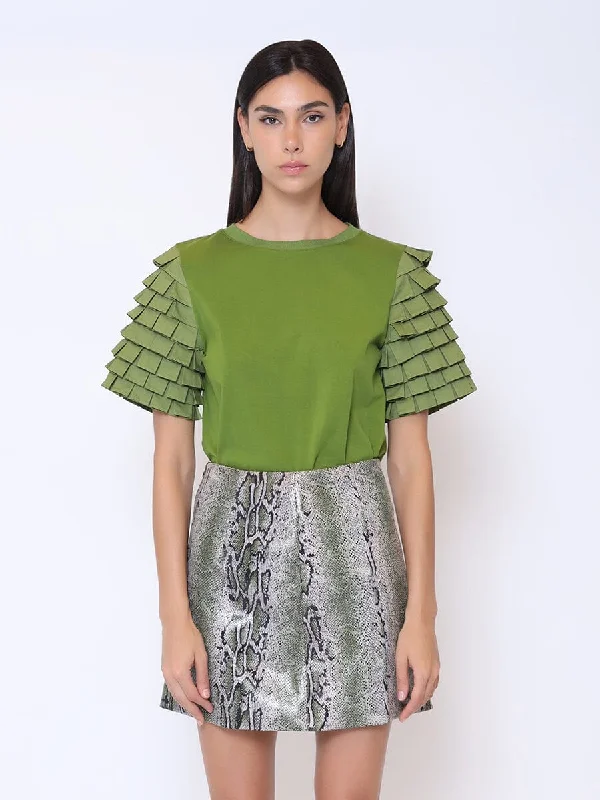 Layered Ruffle Short Sleeve Solid Color T-Shirt