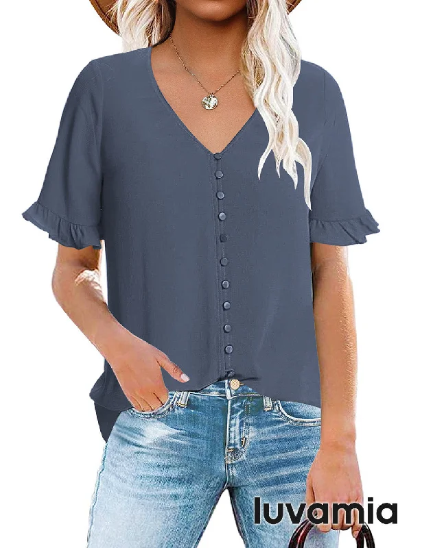 luvamia Women's Casual V Neck Tops Ruffle Short Sleeve Blouses Button Down Shirts