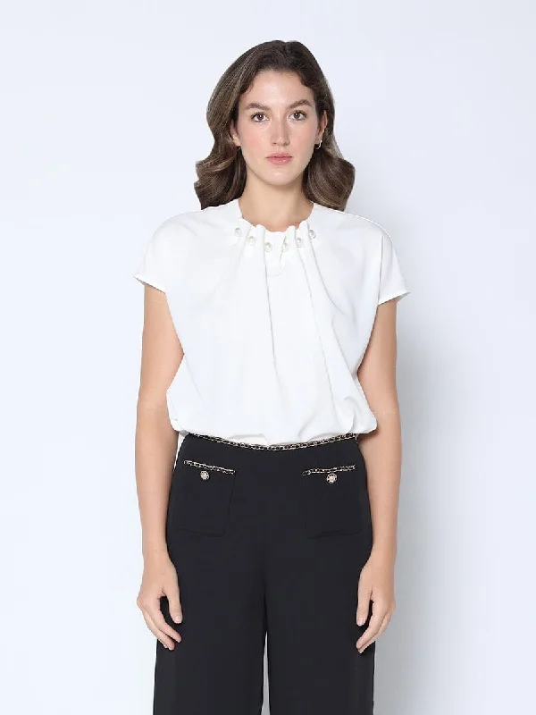 Pearl Embellished Neckline Short Sleeve Top