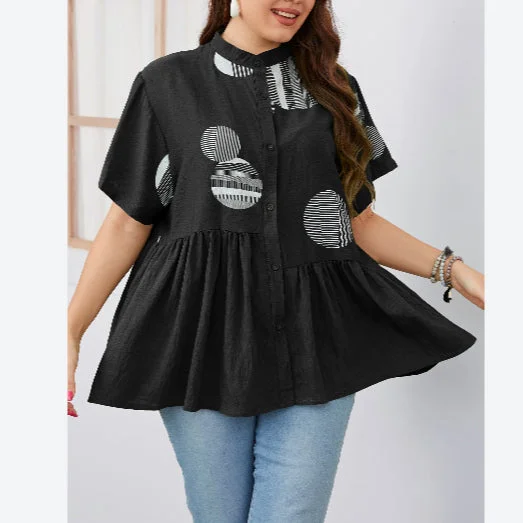 Polka Dot Print Button Short Sleeve Wholesale Plus Size Tops for Women Summer