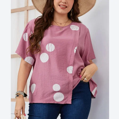 Polka Dot Print Short Sleeve Round Neck Wholesale Plus Size Tops