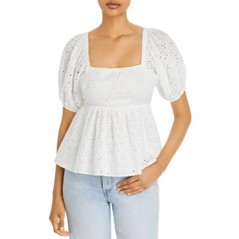 AQUA Ladies White Eyelet Babydoll Top, Short Sleeve, Open Back