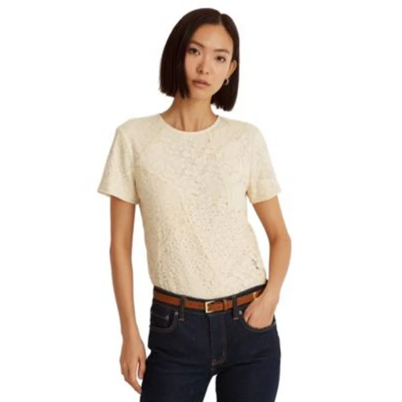 Lauren Ralph Lauren Ladies Mascarpone Cream Patchwork Lace Short Sleeve Blouse