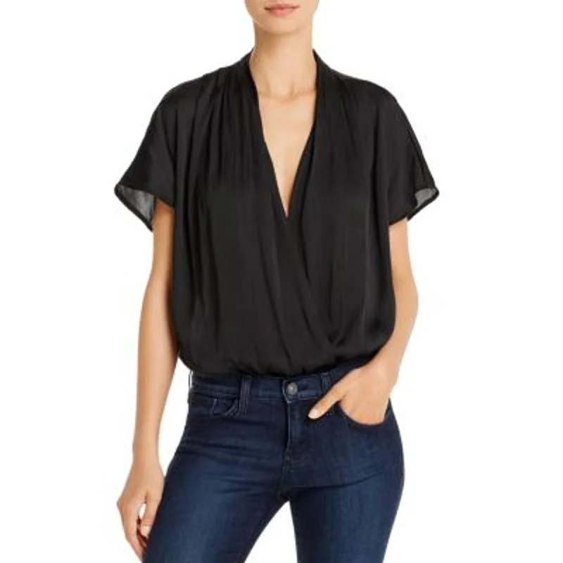 PAIGE Ladies Black "Dijon" Wrap Front Bodysuit, Short Sleeves