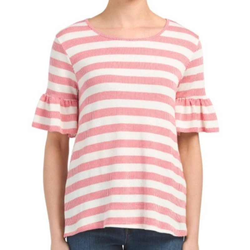 Pleione Ladies Pink & Ivory Striped Knit Short Sleeve Top w/ Bell Sleeves