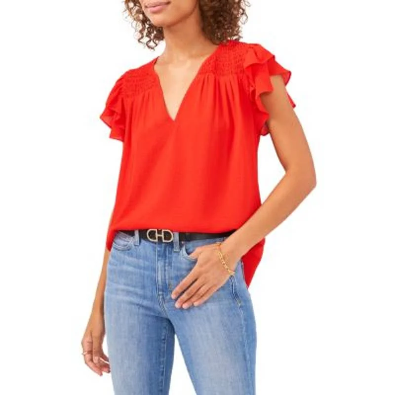 Vince Camuto Ladies Red Short Sleeve Smocked "Yoke Spring" Top