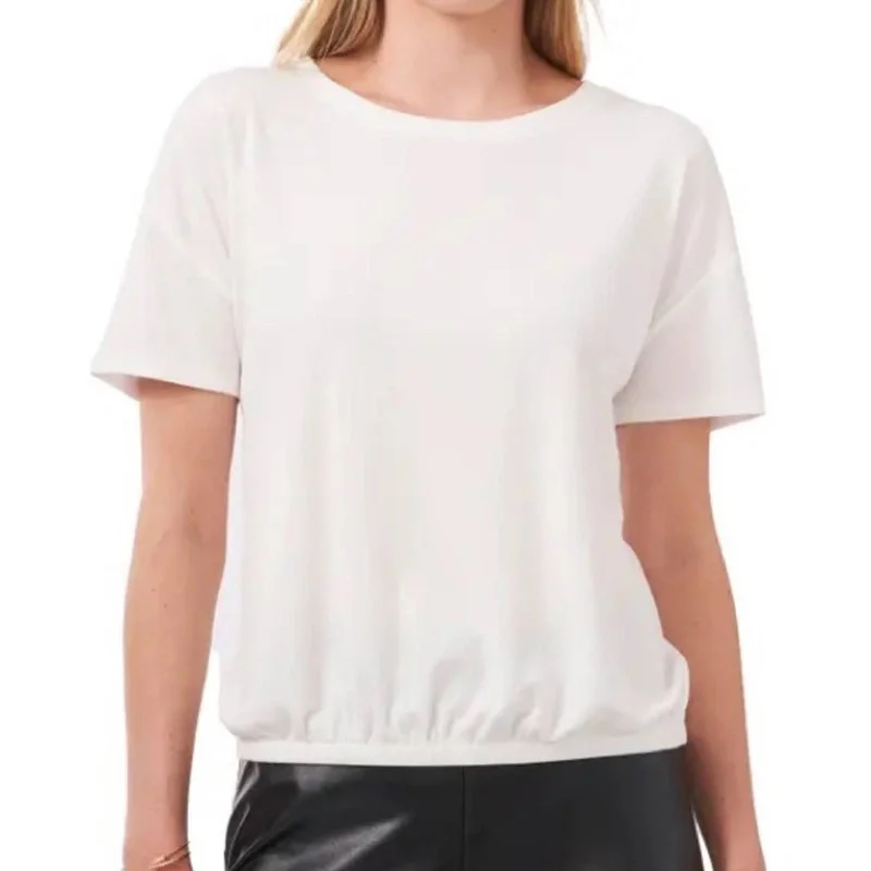 Vince Camuto White Ribbed Tee Shirt w/ Elastic Hem, Short Sleeve