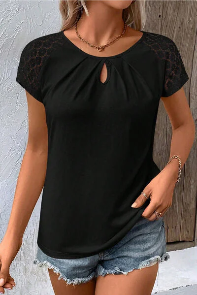 Cutout Round Neck Lace Short Sleeve T-Shirt