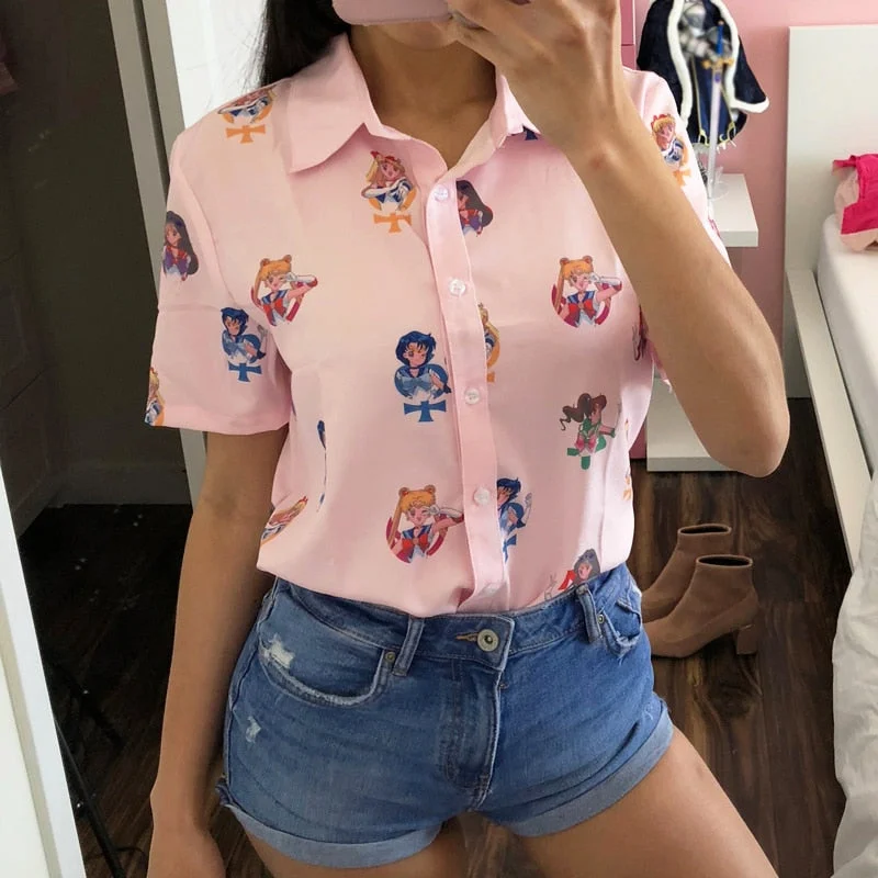 Gagarich Sailor Moon Pink Short Sleeve Shirts Harajuku T Shirt Women Clothes 2019 Cosplay Cute Kawaii Tops