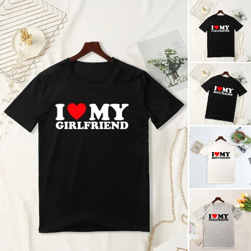 Lover Tee Tops I Love My Girlfriend I Love My Boyfriend Letter Print TShirt ONeck Short Sleeve Loose Fit Couple Tops