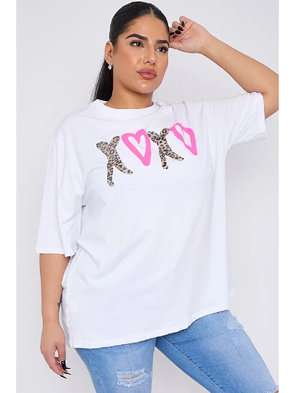 Plus size short sleeve  leopard heart printed T- shirt