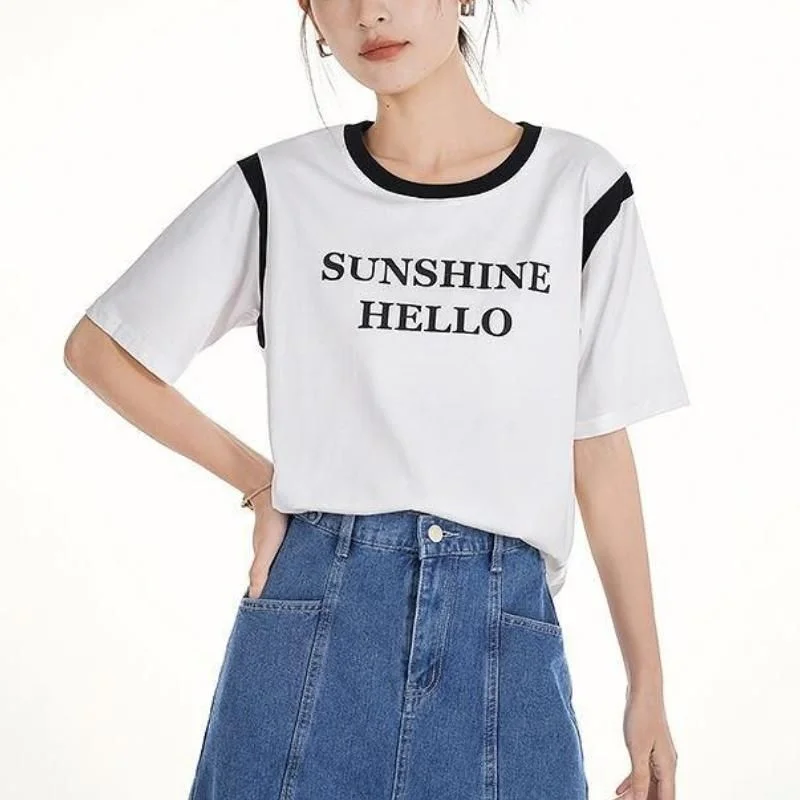 Summer Casual Short Sleeve O-Neck Tee with Cool Fabric and Letter Print