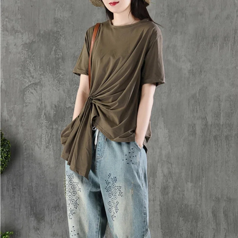 Pleated Women Summer Cotton Tops Women Short Sleeves Tops