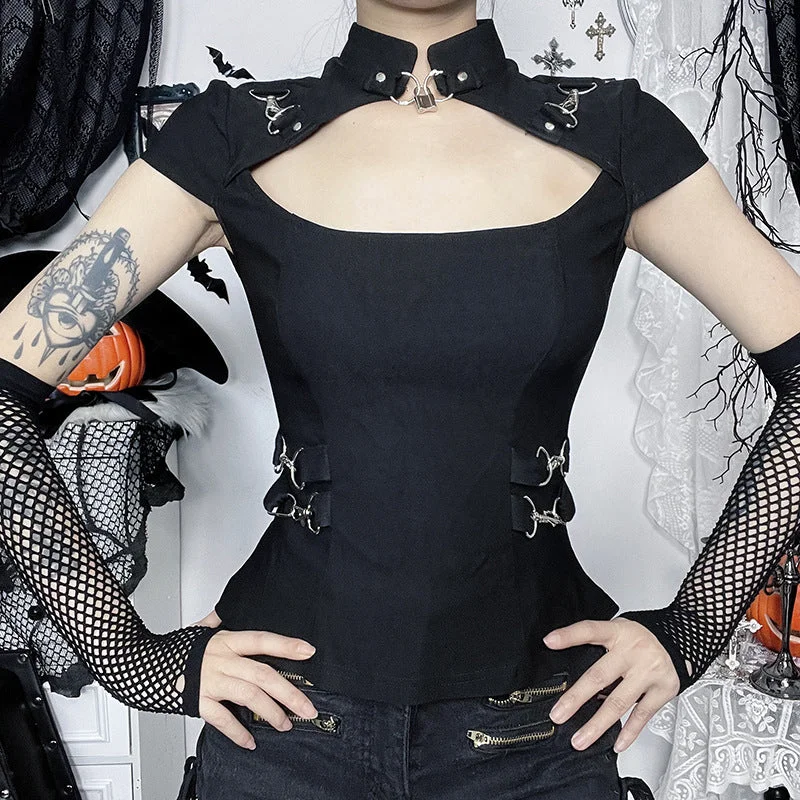 Women's Punk Cut-out Short Sleeved Shirt with Gloves