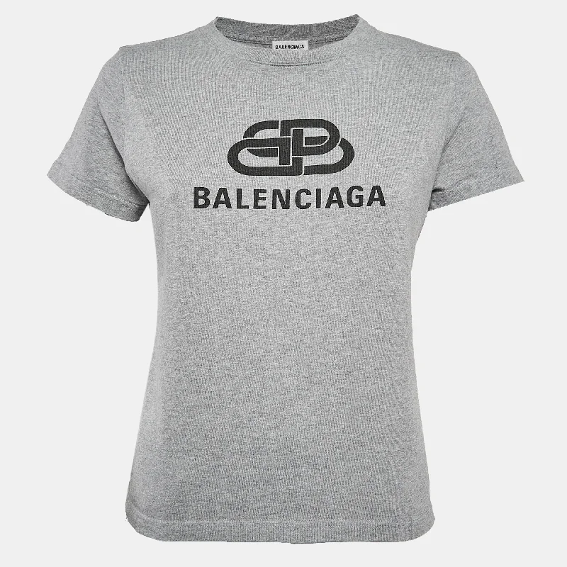 Balenciaga Grey Logo Print Cotton Short Sleeve T-Shirt