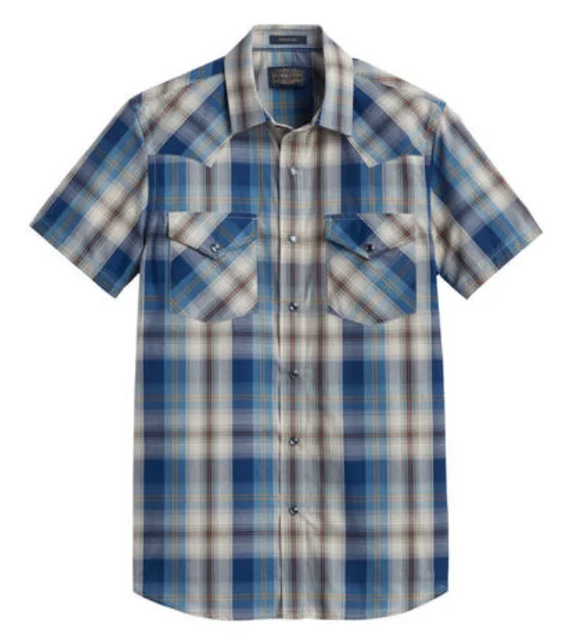 Pendleton Men's Grey Blue Plaid Short Sleeve Frontier Shirt