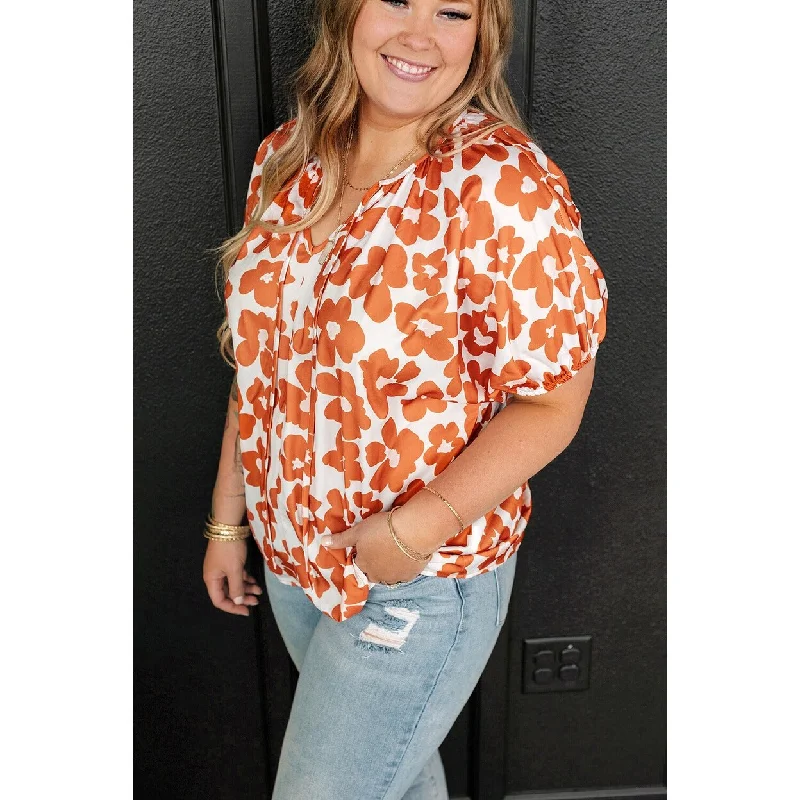 Sky Plus Size Floral Print Drawstring V Neck Short Sleeve Blouse