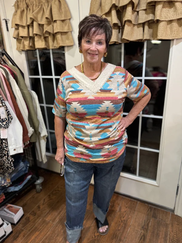 So Easy Aztec Print Short Sleeve Top with V Neck in Beige Mix